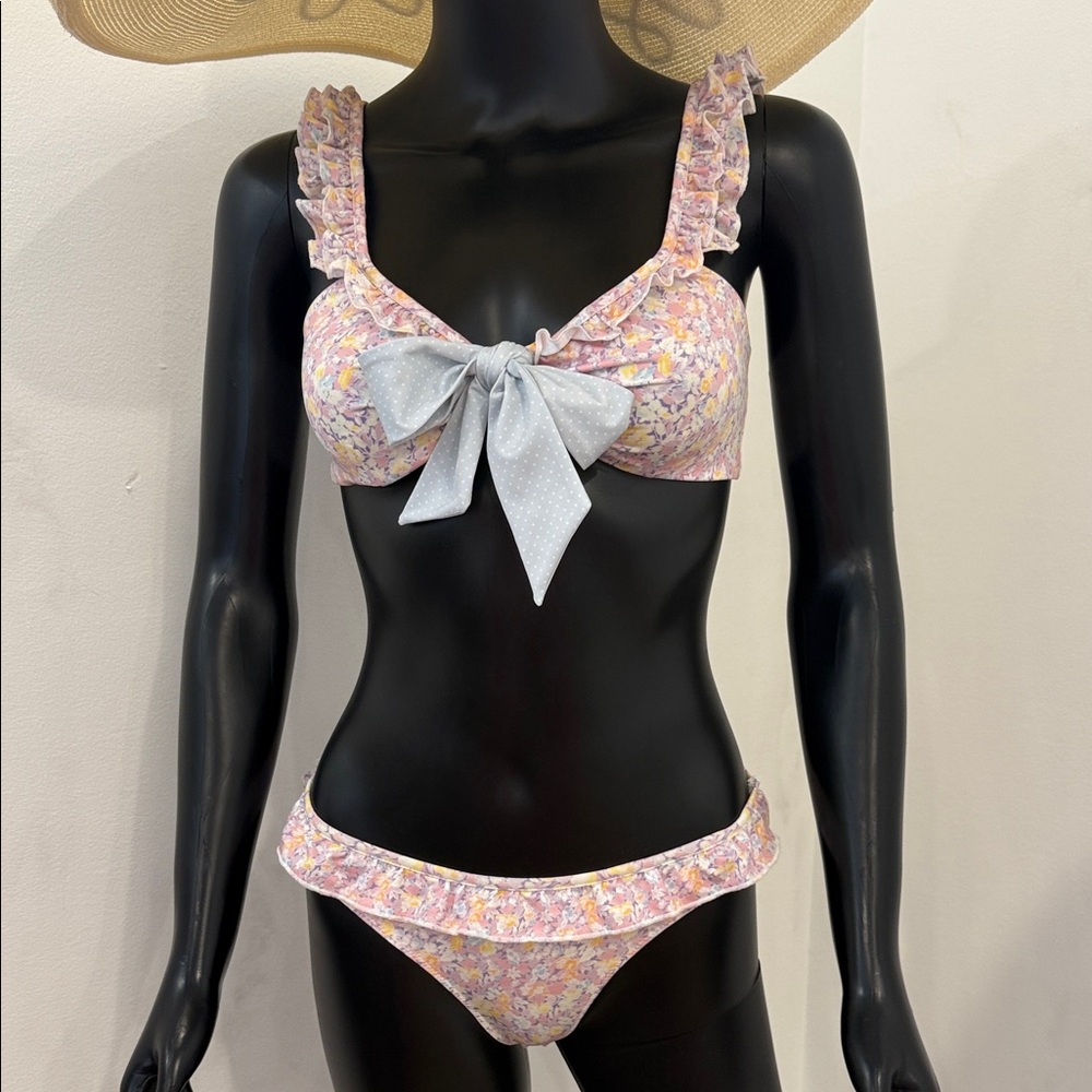 LoveShackFancy Bikini Set Size S Floral Ruffle Bow Top Pastel Print NEW Style